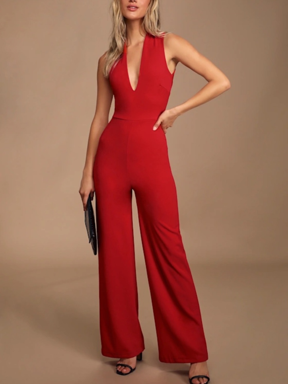 Lulu's Red Sleeveless Plunging V-Neck Wide-Leg Jumpsuit